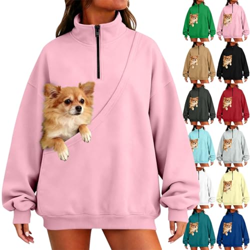 JOASDAO Half Zip Pet Pouch Sweatshirts Women Autumn Winter Long Sleeve Quarter Zip Warm Cosy Lightweight Fleece Jumper Cute Cat Dog Puppy Holder Sweater Pullover Tops Sky Blue
