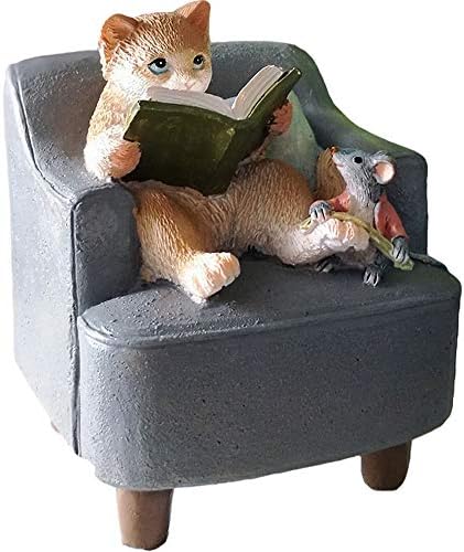 eTACH Resin Cat with Rat Reading Figurine Desk Decoration Small Cute Animal 6.5 x 6.5 x 8 cm