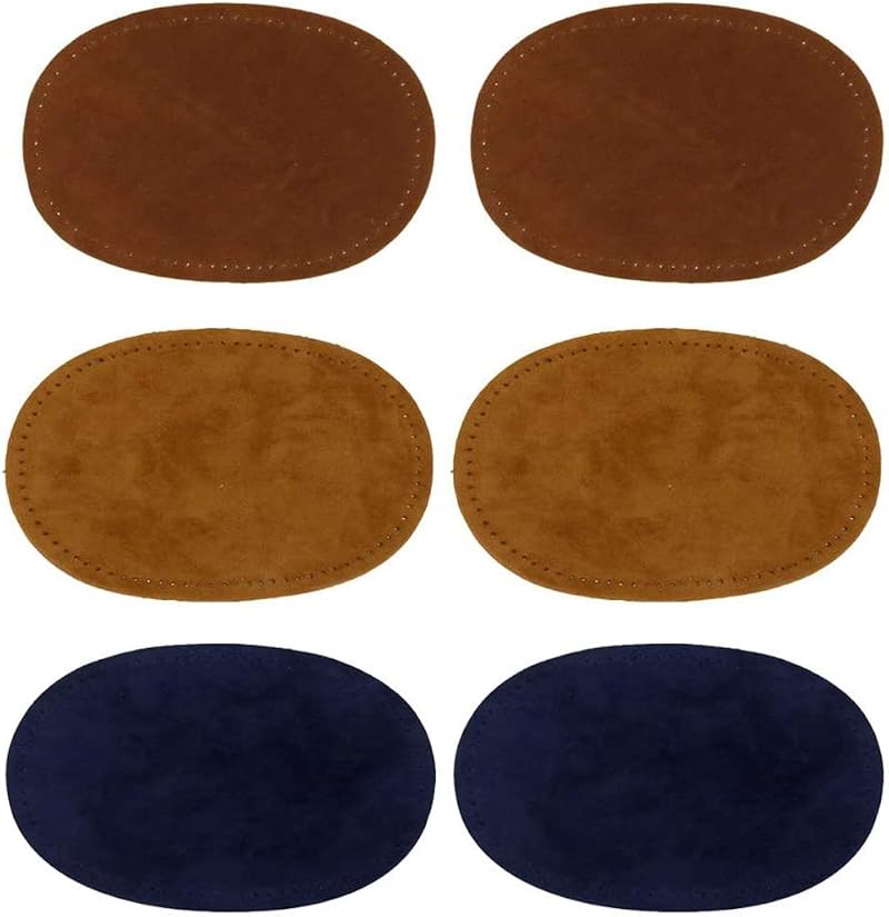 POFET 3 Pairs Sew On Suede Oval Elbow Knee Patches Brown Tan Blue