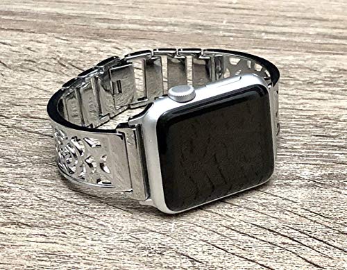 Shiny Silver Bracelet For Apple Watch Band Women 38mm 40mm Flowers Design Bangle iWatch Band Bangle Adjustable Size iWatch Feminine Jewelry Bracelet Elegant Apple Watch Wristband