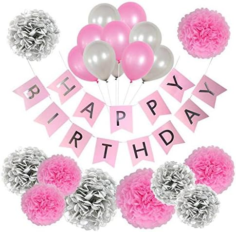 Qutechat Happy Birthday Decorations for Women and Girls - 88 Pink, White, and Silver Balloons - Lovely Banner with White Ribbon - DIY Tool Kit for Balloon Arch Garland - Party Supplies for All Ages