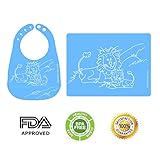 Easy Clean Silicone Bib & Mat Package for Baby Feeding Easily Wipes Clean! Comfortable Soft Baby Bibs Keep Stains Off! Spend Less Time Cleaning after Meals with Babies or Toddlers! (Blue)