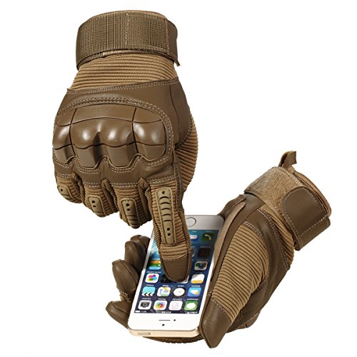JIUSY Army Military Tactical Touch Screen Rubber Hard Knuckle Full Finger Gloves for Combat Motorcycle Motorbike Hunting Hiking Airsoft Paintball Riding Size Brown Small