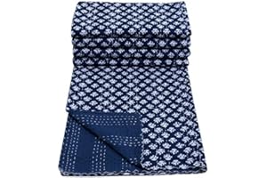 MAVISS HOMES Indian Block Print Kantha Quilt - Queen & King Size, Blue Block Pattern, Pure Cotton