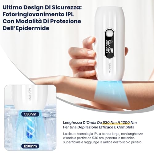 MANKIW IPL Epilation Device with Cooling Function, 5 Energy Levels & 500,000 Luminous Pulses, Automatic and Manual Mode, Alternative to Laser Hair Removal, Legs, Armpits and Bikini