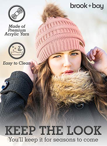 Brook + Bay Faux Fur Pom Pom Beanie for Women - Warm & Cute Cable Knit Winter Hats - Thick, Chunky & Soft Stretch Knitted Caps for Cold Weather - Stylish & Trendy Snow Beanies for Ladies - Thumbnail 5