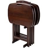 Furnifact Walnut Snack Table Set &ndash; Folding TV Trays with Stand for Dining, Working, and Serving &ndash; Space-Saving Table Trays for Any Living Room