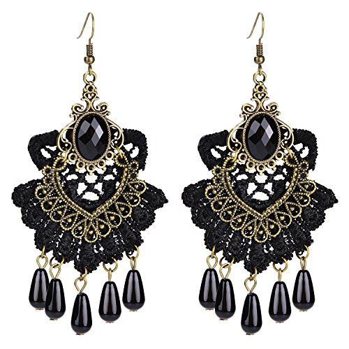 Aniwon Punk Style Wedding Party Black Lace Choker Beads Tassels Chain Pendant Necklace Earring Set for Women (Choker+Earring)