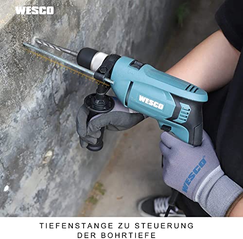 WESCO Trpano a Percussione 750W a Velocità 3000RPM e Impulsi a 48000BPM, 2 Modalità TRAPANO/MARTELLO con Impugnatura Ausiliaria 360° e Asta di Profondità WS3174.4