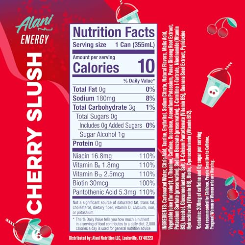 ALANI NU CHERRY SLUSH ICE SUGAR FREE, LOW CALORIE ENERGY DRINKS | 200MG CAFFEINE | ANTIOXIDANTS | BIOTIN, B VITAMINS | ZERO SUGAR | 15 CALORIES OR LESS | 12 OZ CANS | 12 COUNT
