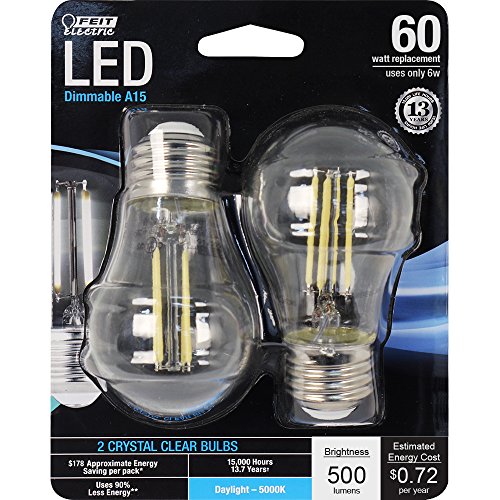 Feit Electric BPA1560/850/LED/2 60W Equivalent Clear A15 Dimmable LED Light Bulb (2 Pack), Daylight, 60 Watt, Standard Piece
