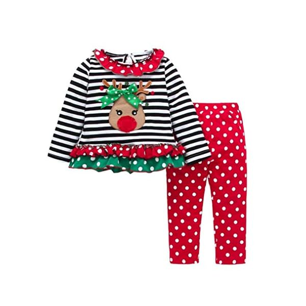 Noubeau Christmas Outfit Toddler Infant Baby Girls Ruffle Top Clothes Set Deer Print Shirt Dress Pants Set