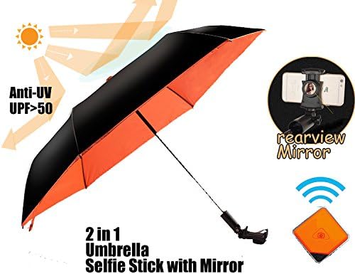 NEWBRELLAs Compact Travel Umbrella and Selfie Stick with Mirror 2 in 1 - "Unbreakable" Carbon Fiber Ribs - 55 mph Windproof Anti UV 50+ Folding Umbrella - Detachable 360 Degree Phone Clip (Orange)