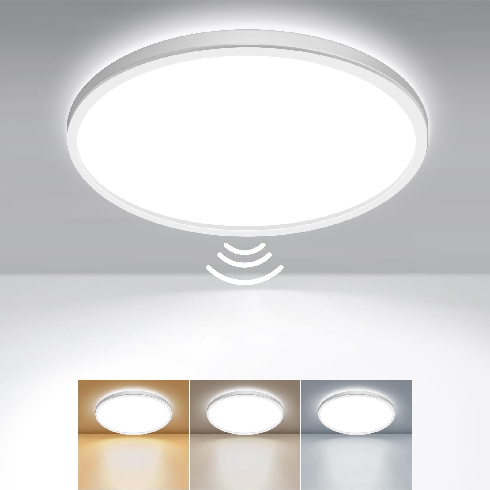 zemty Motion Sensor Light Indoor 3000K/4000K/6500K 15W 1500LM, Bathroom Ceiling Light Ø18CM Waterproof, Flush LED Shed Lights for Loft,Stair,Indoor,Garage Lighting