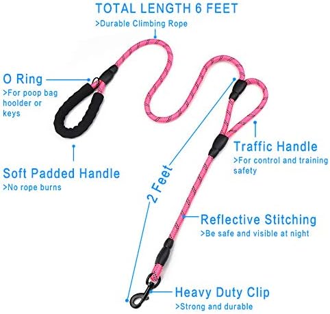 Strong Rope Dog lead 6ft Long with Two Padded Handles,Heavy Duty,Reflective Double Handle Training Dog Lead for Large Dogs or Medium Dogs,Dual Handles Leash(Pink) - Image 3