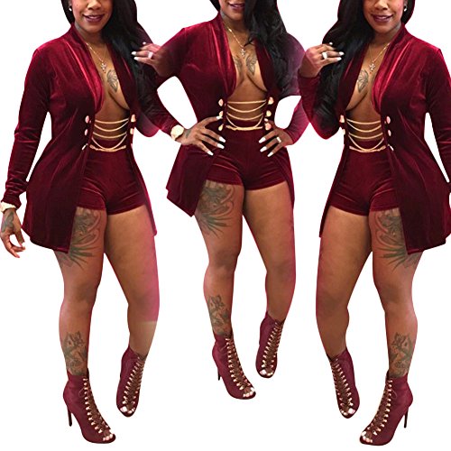 Kafiloe Womens Two Piece Outfits Suit Set Sexy Velvet Slim Fit Blazer Jacket and Shorts Burgundy L - Thumbnail 2