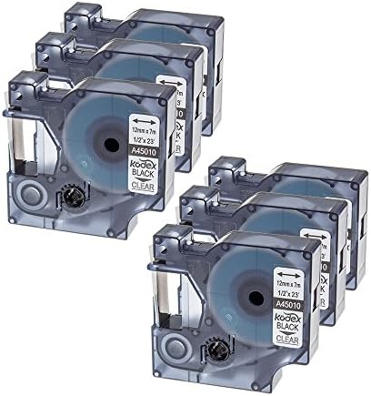 Kodex Standard D1 45010 Label Tape Compatible with DYMO Label Manager, Black on Clear 1/2" x 23'(12mm x 7m), 6 Pack