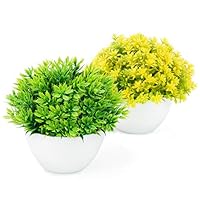 OFFIDIX Small Artificial Plastic Plants Faux potted Plant 2Pcs/Set Fake Lifelike Plants in White Plastic Pot for office, Bedroom, Bathroom, Living Room, Kitchen,dining room and other indoor decoration