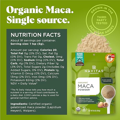 Navitas Organics Maca Powder – 100% Gelatinized Peruvian Maca for Smoothies, Lattes, Baking & More – Energize & Balance - USDA Organic, Non GMO, Vegan, Gluten Free - 16oz. Bag