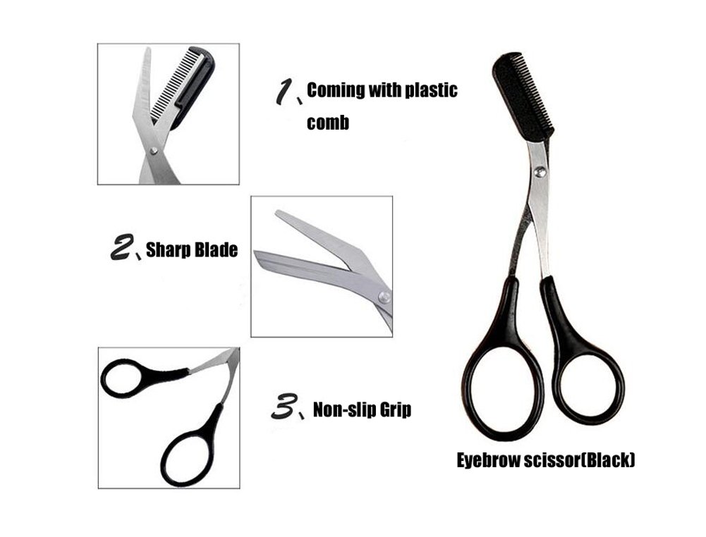 1PCS Black Professional Stainless Steel Eyebrow Grooming Shear Scissors with Plastic Comb(Detachable) Eyebrow Eyelash Hair Removal Shaper Shaping Tool Makeup Beauty Accessories for Men and Women: Beauty