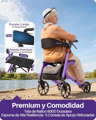 Kekoy K2 Andador para ancianos con asiento plegable de aluminio, regulable en altura, 181 kg de carga, andadores adultos con cojín de asiento de 44 cm, respaldo y bolsa de almacenaje, morado
