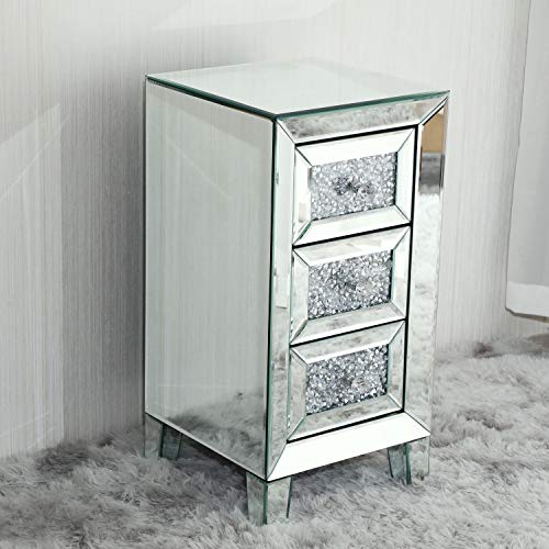 JAXPETY 3Drawer Mirrored Nightstand, Bedside Table With Crystal