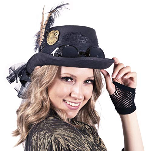 Narwhal Novelties Deluxe Halloween Costume Hat; Black, Velvet 4.5" Steampunk Hat with Removable Steampunk Goggles Attached Feather, Gears