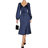 RIHOAS Navy Satin Midi Dress - Women's Long Sleeve V Neck Ruched A Line Elegant Formal Wedding Guest Dress