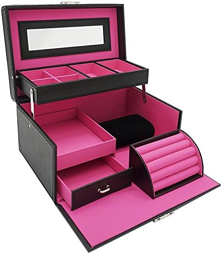 Coraltea Jewelry Box Wooden and Leather Mirrored Multi-Tier Storage Case Lockable Jewelry Orangizer