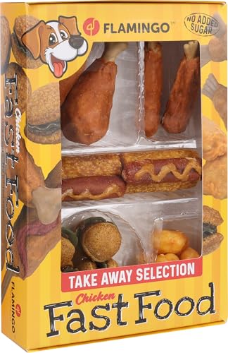 Flamingo - Snack Fast Food Box Take Away - Friandises Variées pour Chien - Idéal pour Labrador, Beagle, Chihuahua et Golden Retriever - 260 g