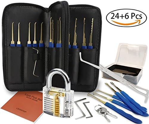 Lock Pick Set, Practice Lock, 30 Piece Picking Tools, Mechanics of Locks, Deluxe Transparent Clear Crystal Keyed Padlock with Crevice Pick, Lockpicking Extractor Tool for Learning Beginner Locksmiths