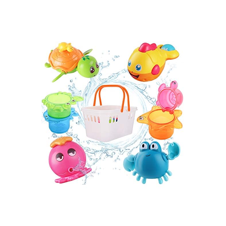 iPlay, iLearn Baby Bath Toys w/ Organizer, Water Squirting Octopus, Wind Up Swimming Turtle, Bathtub & Shower, Stacking…