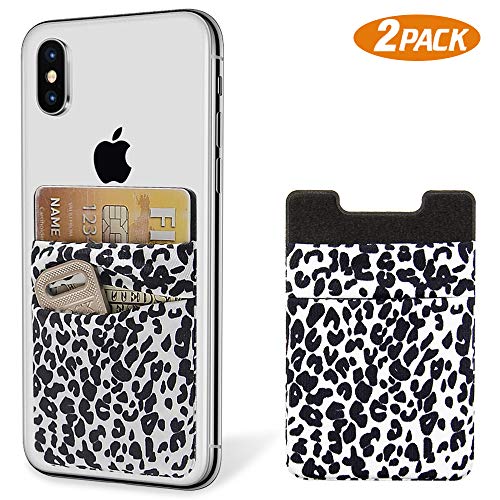 SHANSHUI Phone Wallet, 2 Pack Phone Stick On Wallet Card Holder Pocket for iPhone, Android and All Smartphones-White Cheetah