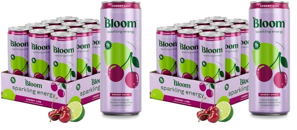 Bloom Nutrition Sparkling Energy Drink for Focus, Natural Caffeine, Zero Sugar, 180mg Caffeine, Antioxidant-Rich with Green Coffee Bean, Green Tea Extract, & Prebiotics, Cherry Lime 12oz 24 Pack Image