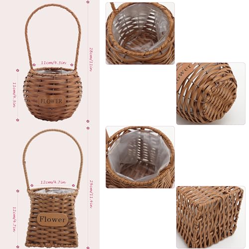 Set of 4 Flower Basket with Handle, QENUIITEA Imitation Rattan Woven Picnic Basket with Plastic Waterproof Lining, Flower Girl Baskets for Wedding Valentine\'s Day, Storage Basket for Home Decor