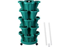Tectsia Strawberry Vertical Planters Tower Garden, 5 Tiered Stacking Planter with Support Pole, Stackable Herb Vegetable Planters Indoor and Outdoor - Hunter Green