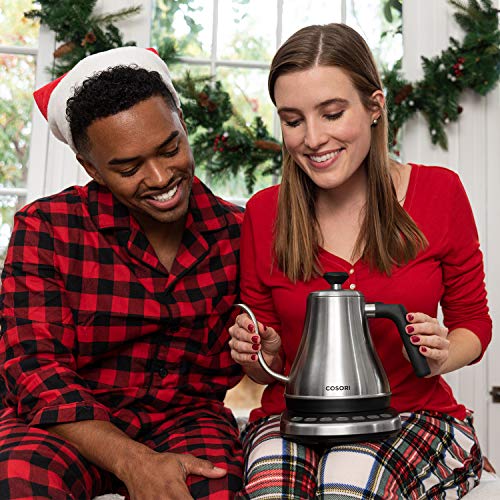COSORI Hervidor eléctrico de cuello de cisne con 5 preajustes variables, vertedor y cafetera, tapa interior e inferior 100% acero inoxidable, calentamiento rápido de 1200 vatios, 0,8 L, plateado