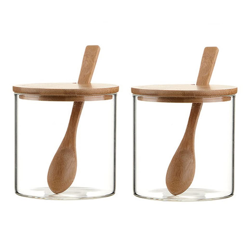 300ml/10oz 2PCS Glass Spice Jars Clear Glass Condiment Pots Seasoning Kitchen Storage Containers Salt Pepper Sugar Bowls Spice Herb Jars with Wooden Spoon and Lid