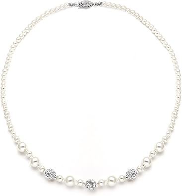 Amazon Mariellハンドメイド卒業 アイボリー パール ブライダル ネックレス シルバー ライン ストーン クリスタル ファイヤーボール アクセント ネックレス 通販