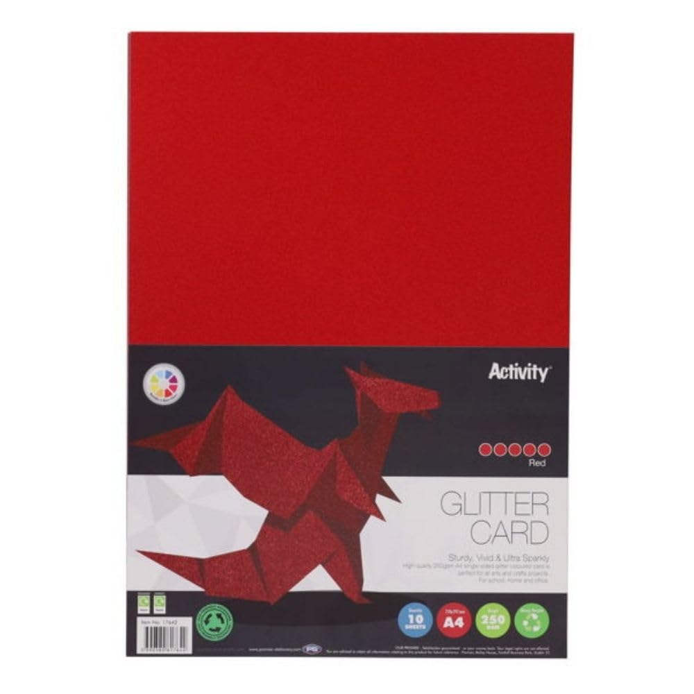 Premier Activity A4 250gsm Glitter Card – 10 Sheets | Single-Sided Sparkle Card for Arts & Crafts - Red