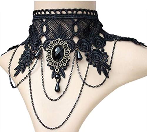 FERVENT LOVE Punk Wedding Party Black Lace Choker Rhinestone Beads Chain Pendant Necklace for Women