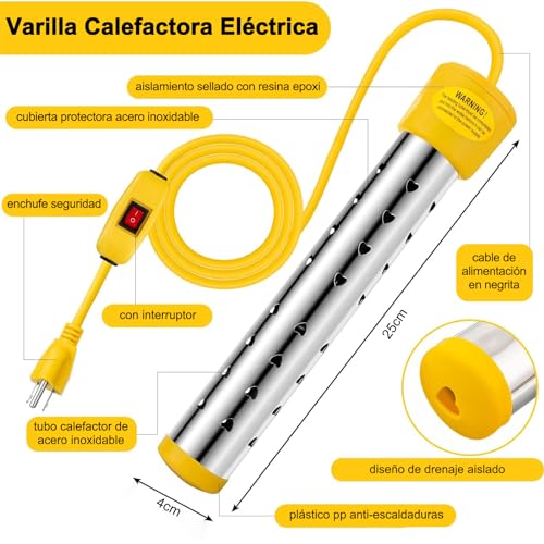 Calentador de Agua de Inmersión 1500 W, Resistencia para Calentar Agua, Carcasa de Acero Inoxidable 304, con Control de Interruptor y Control Inteligente de Temperatura, Apto para Bañeras y Piscinas