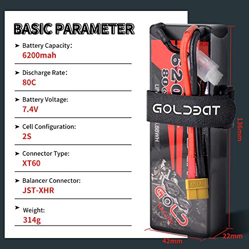 GOLDBAT Champion RC Lipo Battery 2S 80C 7.4V LiPo 5200mAh Hardcase with Deans Plug (6200 2s 80c 2packs XT60) – Bild 4