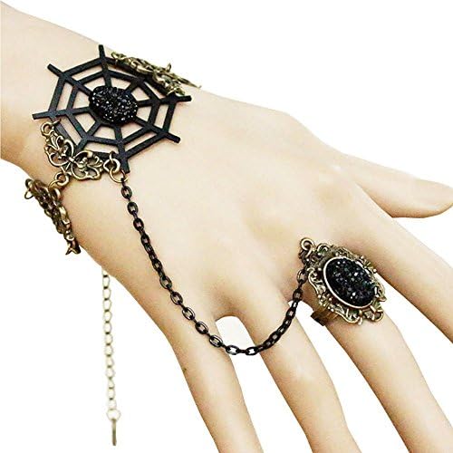 Acxico® Retro Leather Devil Law Cobwebs Black Onyx Ring Metal Chain Bracelet