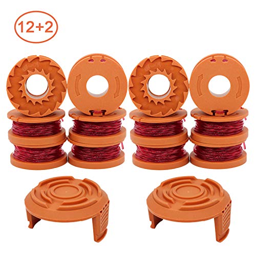 RONGJU 12-Pack Replacement Trimmer Spool Line for Worx WA0010 WG180 WG163 WG175 Electric Trimmer/Edger Weed Eater Line 10ft 0.065 "+ 2 Pack Spool Cap Covers (12 Spools, 2 Caps)