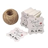 Original Design Wedding Favor Gift Tags, 100 PCS White Square Tags with 100 Feet Natural Jute Twine Perfect for Bridal Baby Shower Anniversary- Hug & Kisses from The New Mr & Mrs