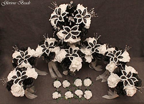 Black and White BEADED Flower Lily Wedding / Quincenarea Bouquet 16 PC Set with FREE Boutonnieres