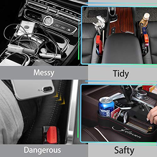 Jeteven 2 Packs PU Leather Car Organizer Front Seat Filler, Multifunctional Storage, Document Glove Coin Laptop Cellphone Wallet Cup Cards Holder, Console Side Pocket Caddy Bucket Basket