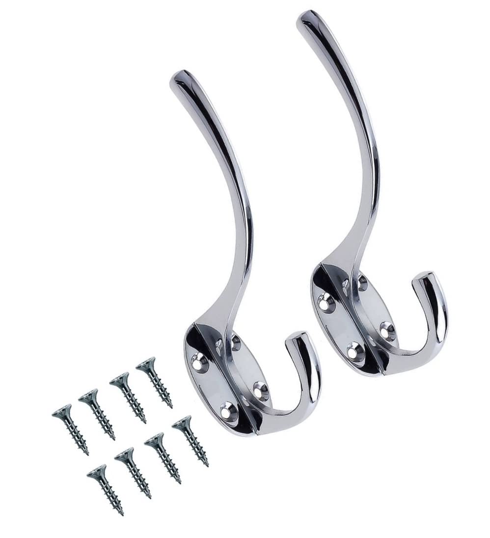 TERF® Polished Chrome Double Wall Mounted & Door Hooks - Hat, Coat, Robe Hooks for Bathroom, Bedroom, Kitchen, Office - Pack of 2