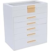 BOOVO Jewelry Box for Women, Black 6 Layer Large Jewelry Organizer with Glass Lid for Necklace, Bracelet, Earrings, Rings Storage, Jewelry Organizers and Storage for Womens Gift (Clear White, 6 layer)